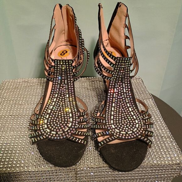 Women's Black Rhinestone Gladiator Heels – Size 8 Strappy Sparkle Sandals - Picture 1 of 6